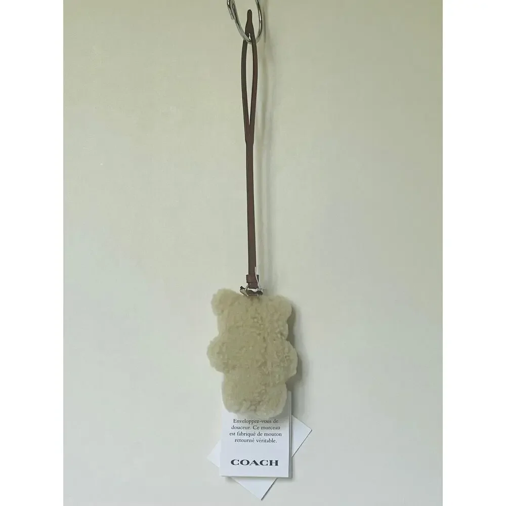 Coach Bear Puffy Bag Charm Teddy Shearling Leather Beige CDD52